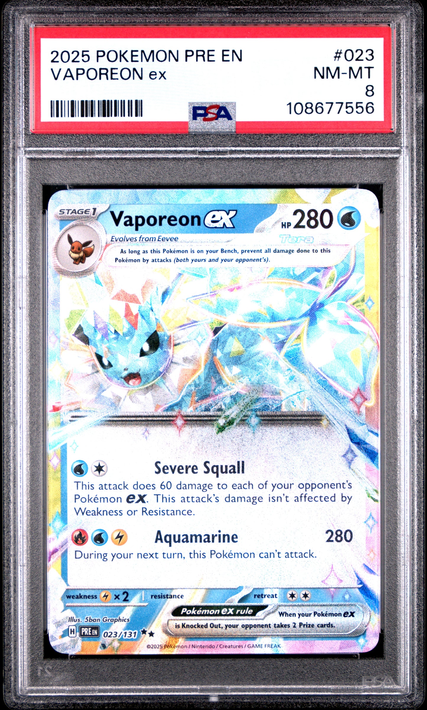 VAPOREON EX 23/131 Common POKEMON PRE EN-PRISMATIC EVOLUTIONS PSA8 NM-MT 8 PSA population 84 <a href=https://www.psacard.com/cert/108677556/psa>https://www.psacard.com/cert/108677556/psa</a>