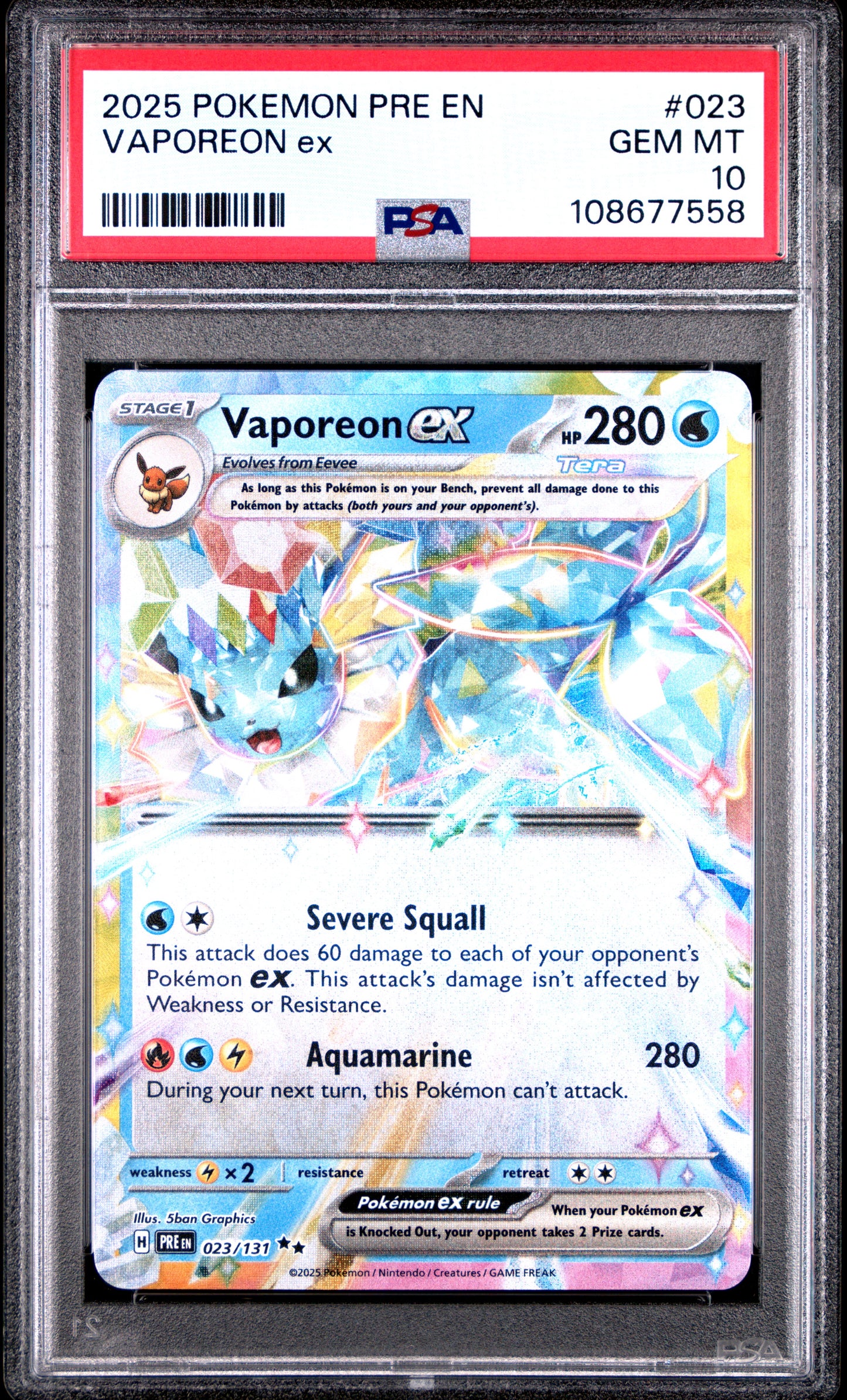 VAPOREON EX 23/131 Common POKEMON PRE EN-PRISMATIC EVOLUTIONS PSA10 GEM MT 10 PSA population 527 <a href=https://www.psacard.com/cert/108677558/psa>https://www.psacard.com/cert/108677558/psa</a>