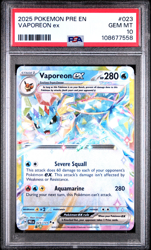VAPOREON EX 23/131 Common POKEMON PRE EN-PRISMATIC EVOLUTIONS PSA10 GEM MT 10 PSA population 527 <a href=https://www.psacard.com/cert/108677558/psa>https://www.psacard.com/cert/108677558/psa</a>