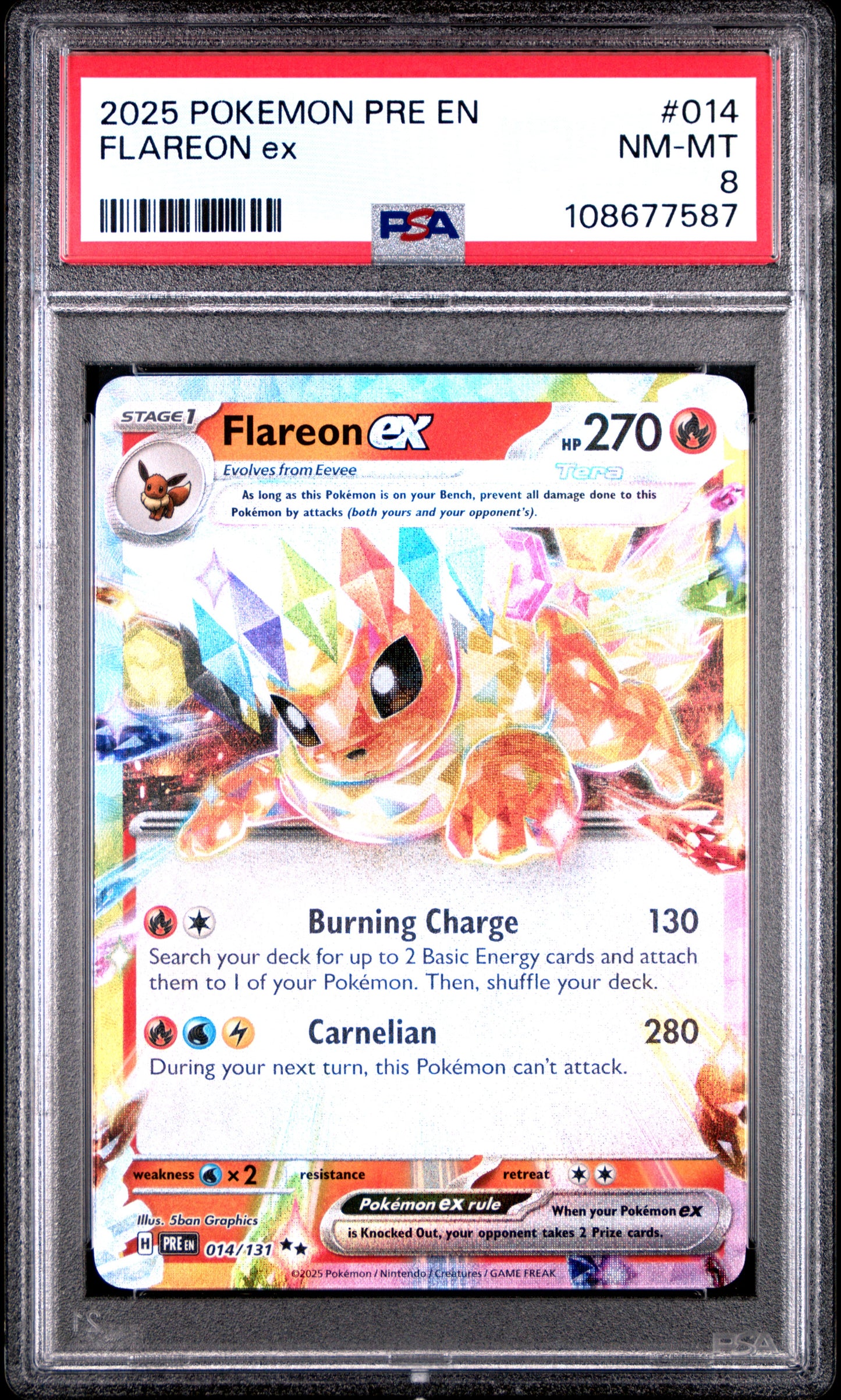 FLAREON EX 14/131 Common POKEMON PRE EN-PRISMATIC EVOLUTIONS PSA8 NM-MT 8 PSA population 110 <a href=https://www.psacard.com/cert/108677587/psa>https://www.psacard.com/cert/108677587/psa</a>