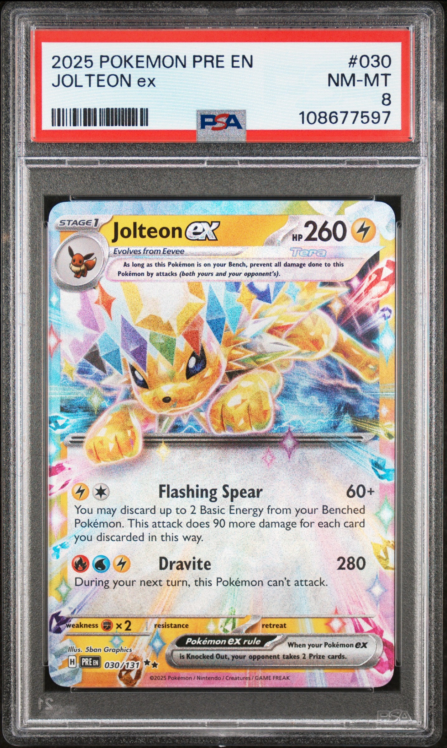 JOLTEON EX 30/131 Common POKEMON PRE EN-PRISMATIC EVOLUTIONS PSA8 NM-MT 8 PSA population 87 <a href=https://www.psacard.com/cert/108677597/psa>https://www.psacard.com/cert/108677597/psa</a>