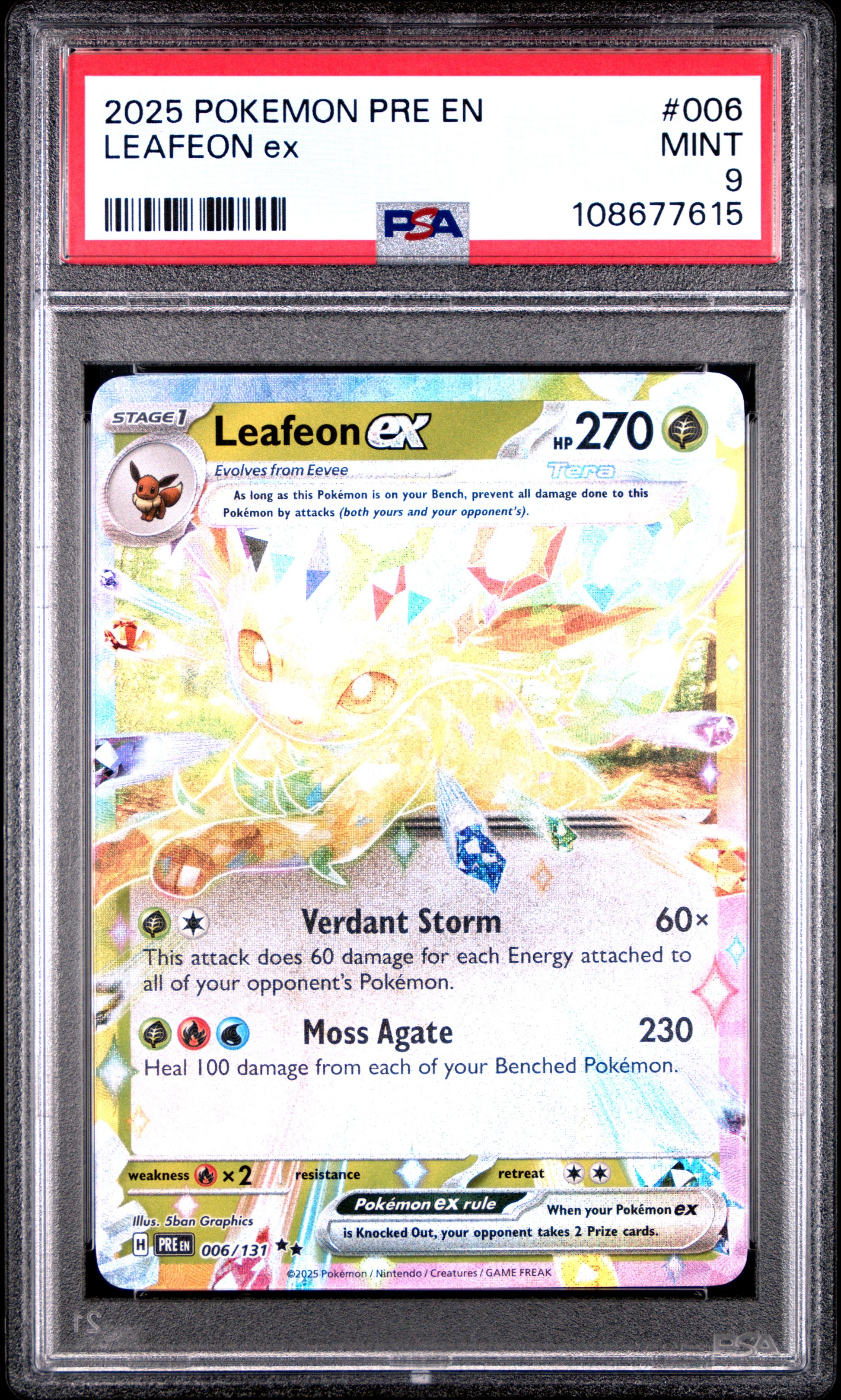 LEAFEON EX 6/131 Common POKEMON PRE EN-PRISMATIC EVOLUTIONS PSA9 MINT 9 PSA population 612 <a href=https://www.psacard.com/cert/108677615/psa>https://www.psacard.com/cert/108677615/psa</a>