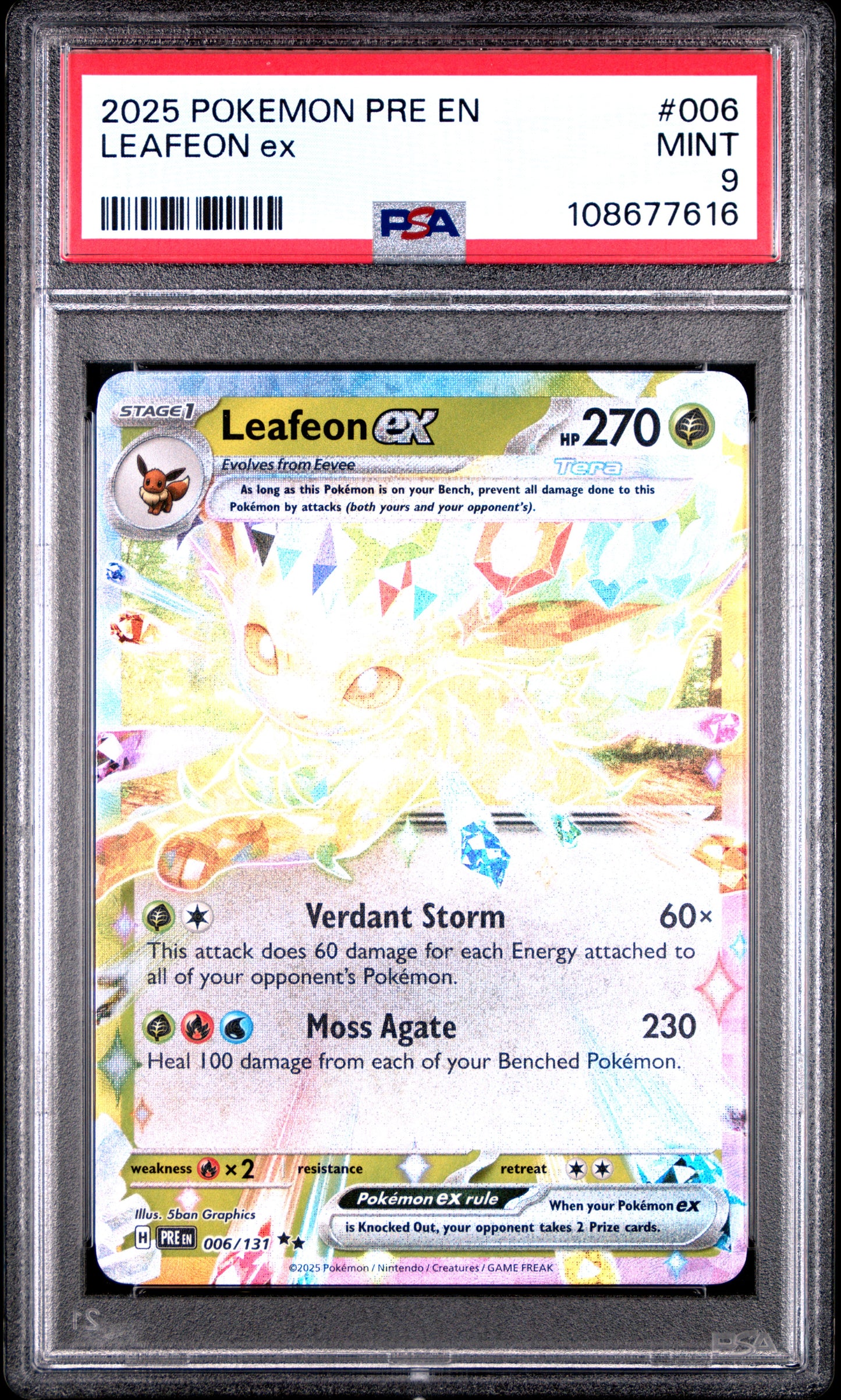 LEAFEON EX 6/131 Common POKEMON PRE EN-PRISMATIC EVOLUTIONS PSA9 MINT 9 PSA population 612 <a href=https://www.psacard.com/cert/108677616/psa>https://www.psacard.com/cert/108677616/psa</a>