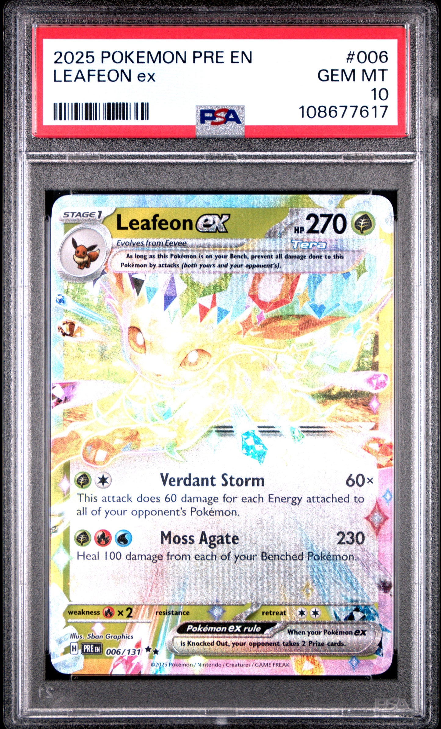 LEAFEON EX 6/131 Common POKEMON PRE EN-PRISMATIC EVOLUTIONS PSA10 GEM MT 10 PSA population 487 <a href=https://www.psacard.com/cert/108677617/psa>https://www.psacard.com/cert/108677617/psa</a>