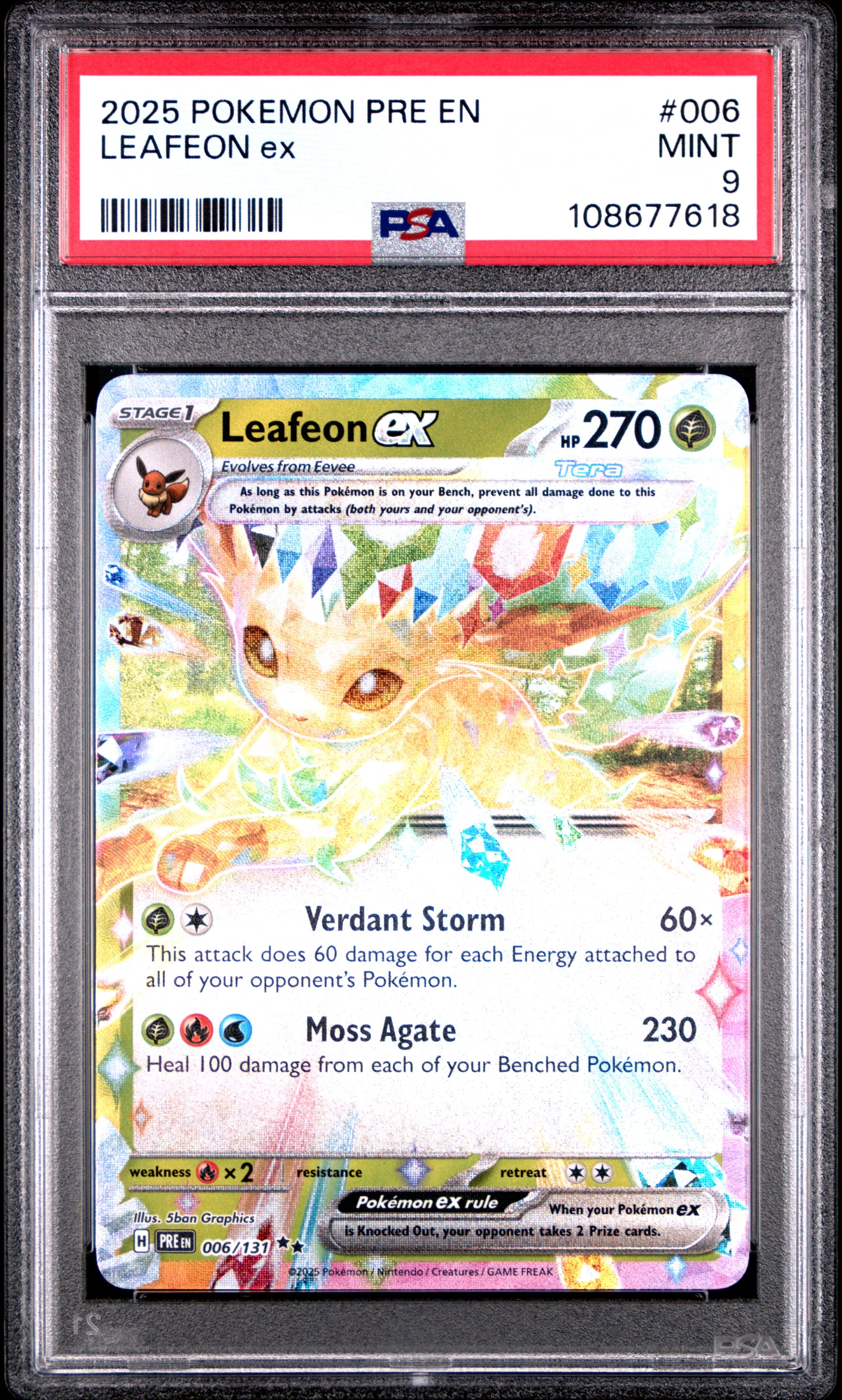 LEAFEON EX 6/131 Common POKEMON PRE EN-PRISMATIC EVOLUTIONS PSA9 MINT 9 PSA population 612 <a href=https://www.psacard.com/cert/108677618/psa>https://www.psacard.com/cert/108677618/psa</a>