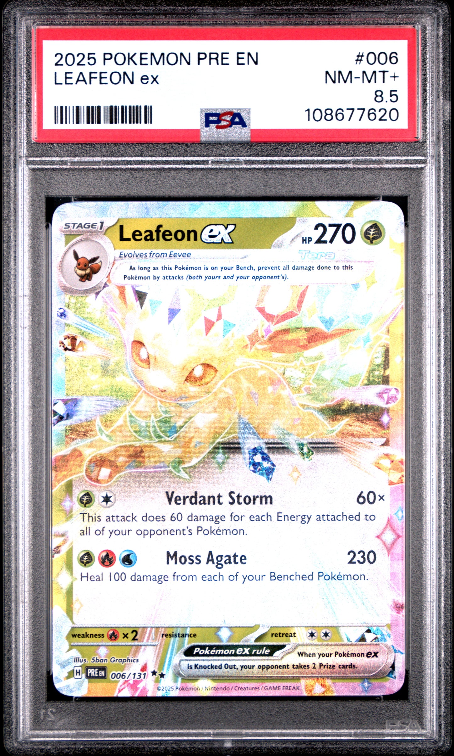 LEAFEON EX 6/131 Common POKEMON PRE EN-PRISMATIC EVOLUTIONS PSA8.5 NM-MT+ 8.5 PSA population 4 <a href=https://www.psacard.com/cert/108677620/psa>https://www.psacard.com/cert/108677620/psa</a>