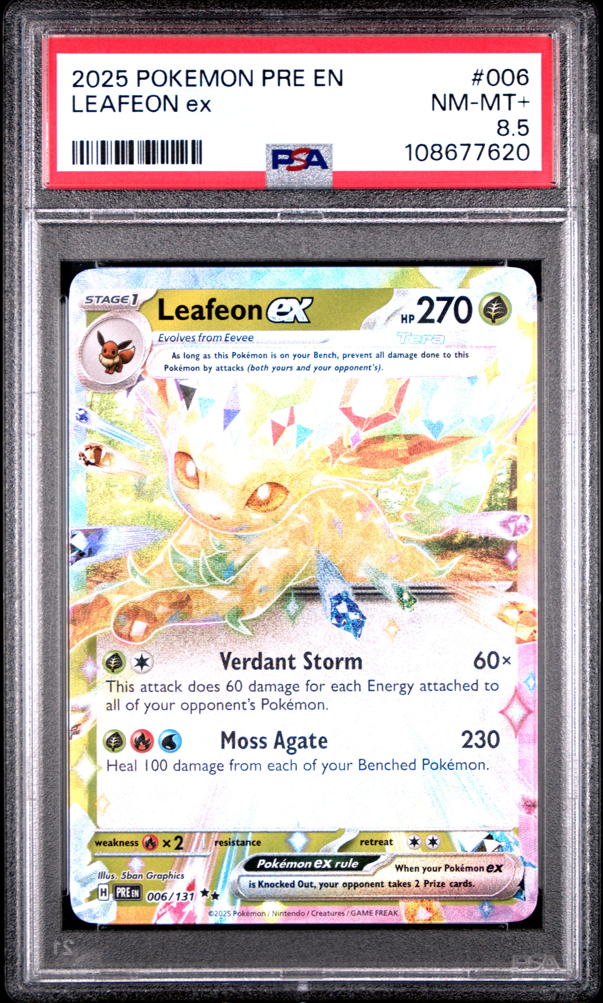 LEAFEON EX 6/131 Common POKEMON PRE EN-PRISMATIC EVOLUTIONS PSA8.5 NM-MT+ 8.5 PSA population 4 <a href=https://www.psacard.com/cert/108677620/psa>https://www.psacard.com/cert/108677620/psa</a>