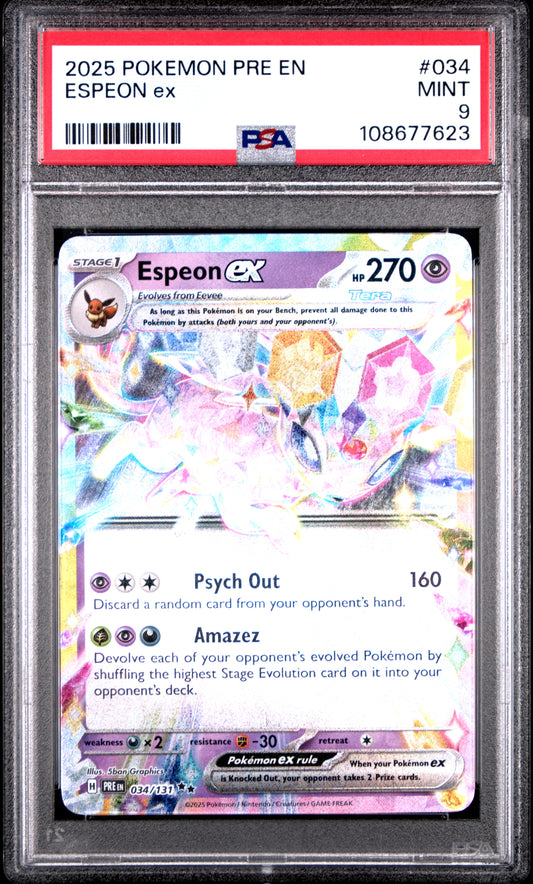 ESPEON EX 34/131 Common POKEMON PRE EN-PRISMATIC EVOLUTIONS PSA9 MINT 9 PSA population 656 <a href=https://www.psacard.com/cert/108677623/psa>https://www.psacard.com/cert/108677623/psa</a>