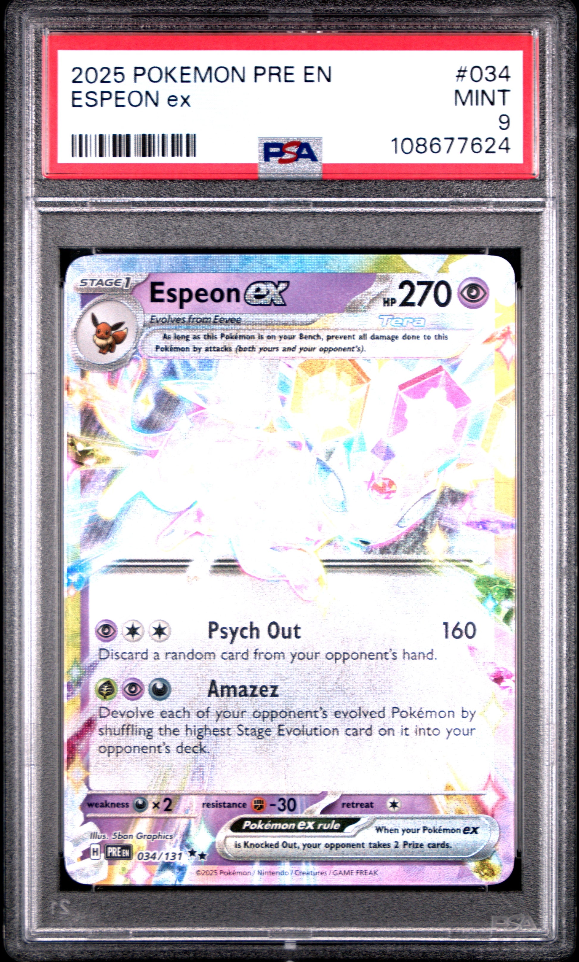 ESPEON EX 34/131 Common POKEMON PRE EN-PRISMATIC EVOLUTIONS PSA9 MINT 9 PSA population 656 <a href=https://www.psacard.com/cert/108677624/psa>https://www.psacard.com/cert/108677624/psa</a>