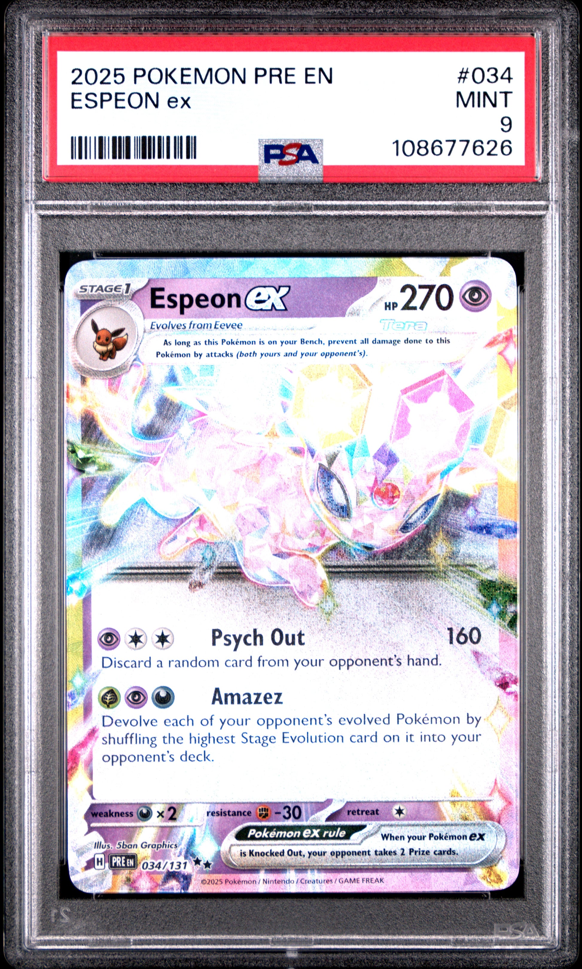 ESPEON EX 34/131 Common POKEMON PRE EN-PRISMATIC EVOLUTIONS PSA9 MINT 9 PSA population 656 <a href=https://www.psacard.com/cert/108677626/psa>https://www.psacard.com/cert/108677626/psa</a>