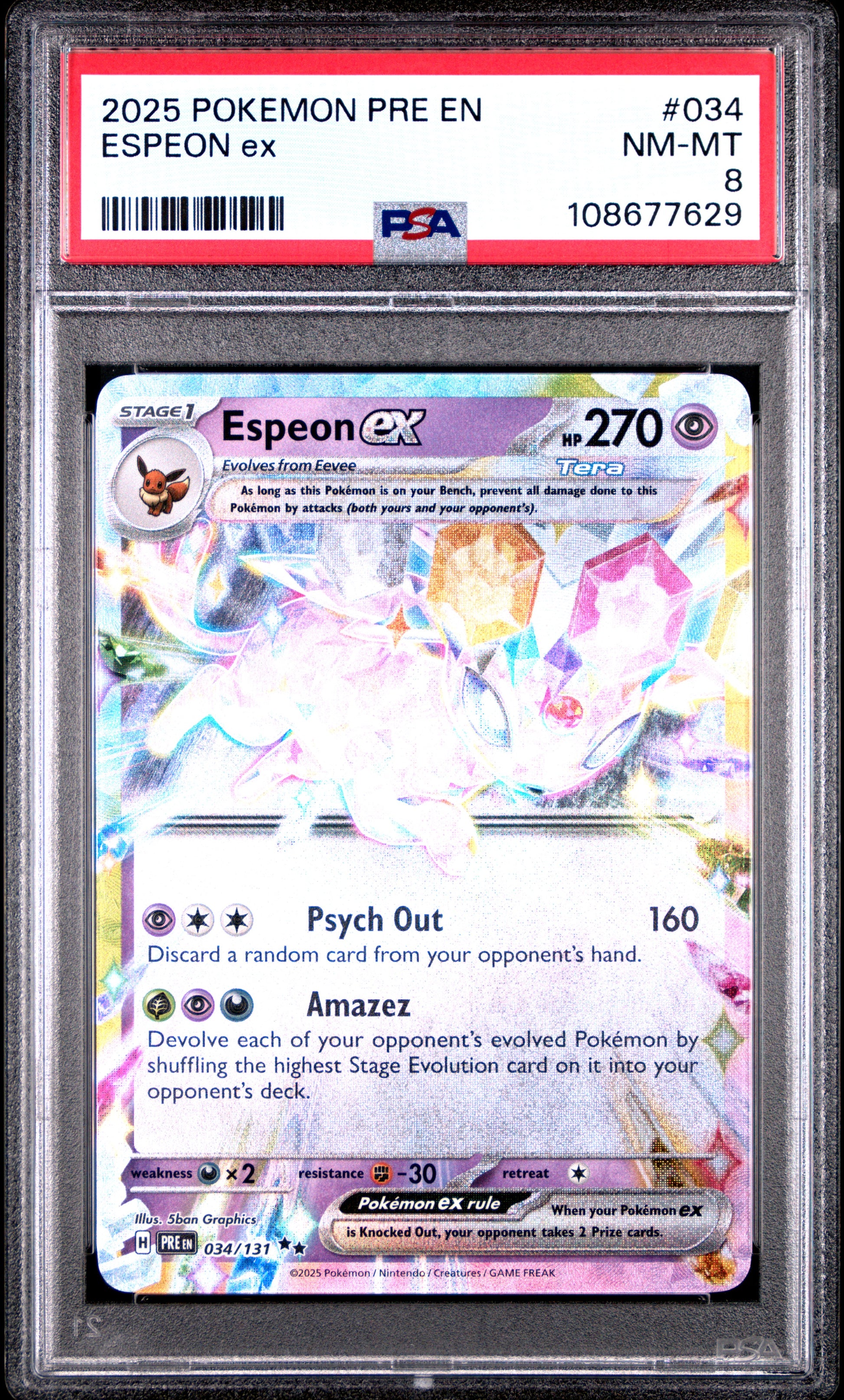ESPEON EX 34/131 Common POKEMON PRE EN-PRISMATIC EVOLUTIONS PSA8 NM-MT 8 PSA population 135 <a href=https://www.psacard.com/cert/108677629/psa>https://www.psacard.com/cert/108677629/psa</a>