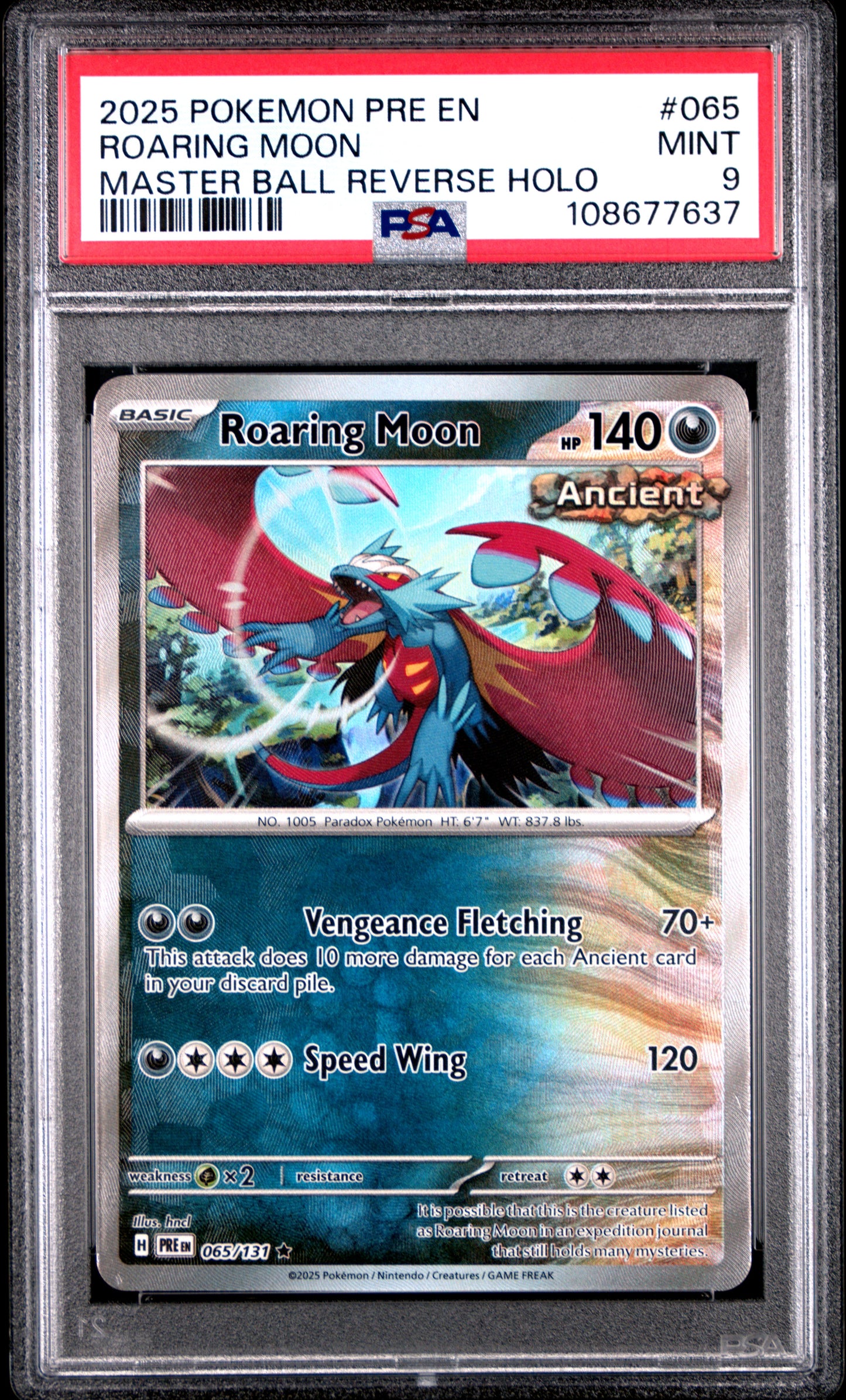 ROARING MOON 65/131 [Master Ball]  POKEMON PRE EN-PRISMATIC EVOLUTIONS MASTER BALL REVERSE HOLO PSA9 MINT 9 PSA population 150 <a href=https://www.psacard.com/cert/108677637/psa>https://www.psacard.com/cert/108677637/psa</a>