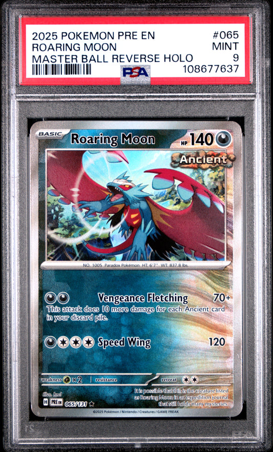 ROARING MOON 65/131 [Master Ball]  POKEMON PRE EN-PRISMATIC EVOLUTIONS MASTER BALL REVERSE HOLO PSA9 MINT 9 PSA population 150 <a href=https://www.psacard.com/cert/108677637/psa>https://www.psacard.com/cert/108677637/psa</a>