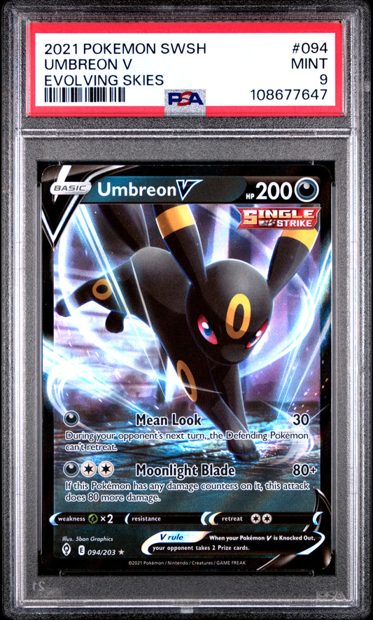 UMBREON V 94/203 Common POKEMON SWORD & SHIELD EVOLVING SKIES EVOLVING SKIES PSA9 MINT 9 PSA population 651 <a href=https://www.psacard.com/cert/108677647/psa>https://www.psacard.com/cert/108677647/psa</a>