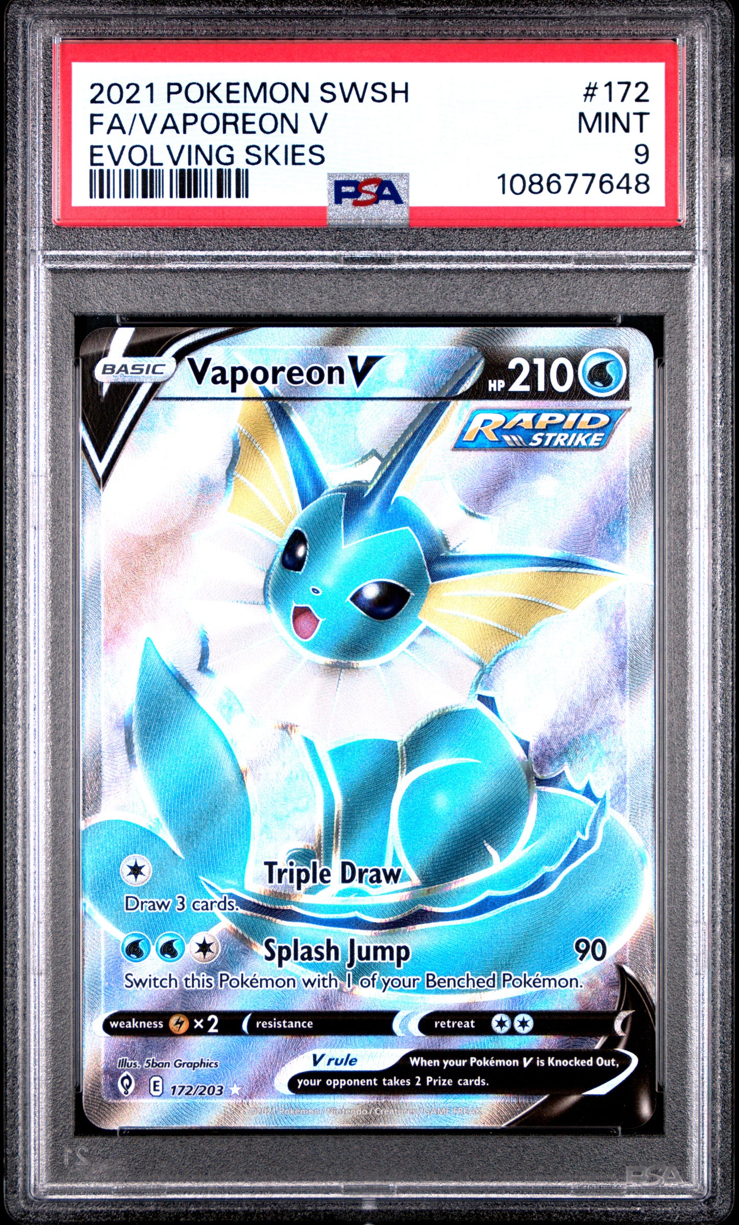 FA/VAPOREON V 172/203 Common POKEMON SWORD & SHIELD EVOLVING SKIES EVOLVING SKIES PSA9 MINT 9 PSA population 383 <a href=https://www.psacard.com/cert/108677648/psa>https://www.psacard.com/cert/108677648/psa</a>