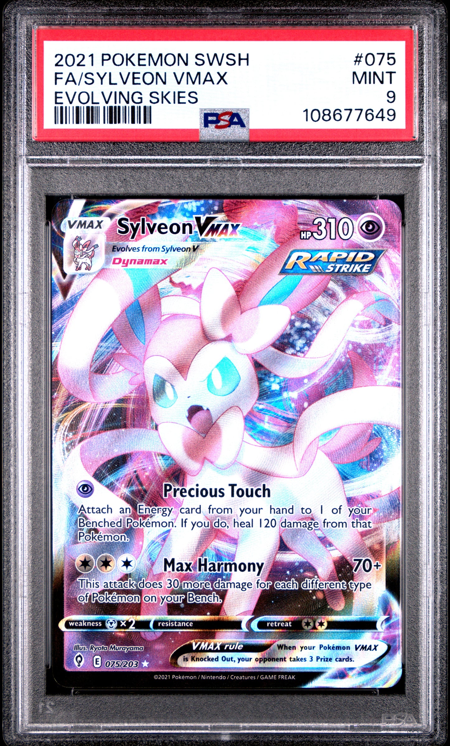 FA/SYLVEON VMAX 75/203 Common POKEMON SWORD & SHIELD EVOLVING SKIES EVOLVING SKIES PSA9 MINT 9 PSA population 469 <a href=https://www.psacard.com/cert/108677649/psa>https://www.psacard.com/cert/108677649/psa</a>