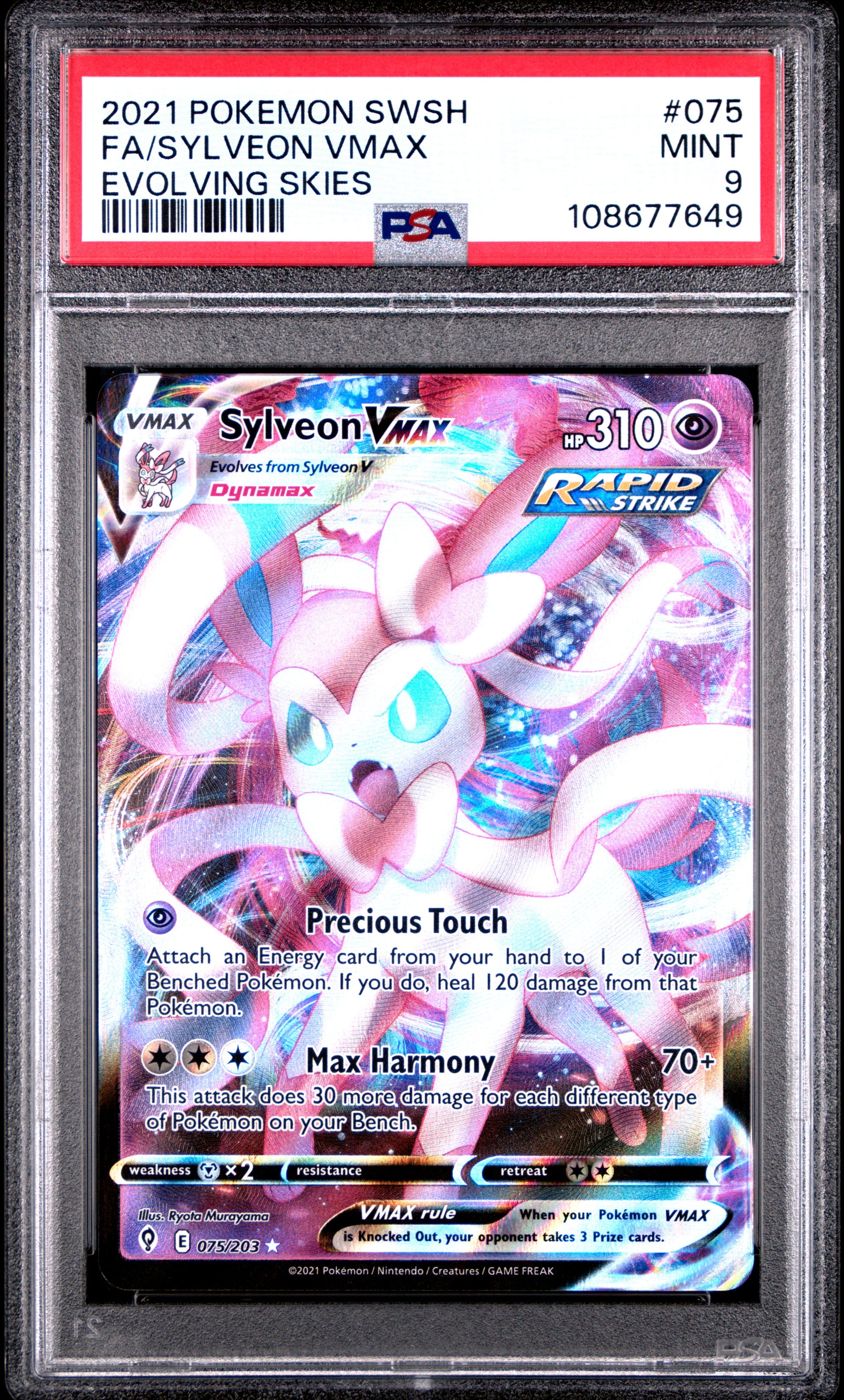 FA/SYLVEON VMAX 75/203 Common POKEMON SWORD & SHIELD EVOLVING SKIES EVOLVING SKIES PSA9 MINT 9 PSA population 469 <a href=https://www.psacard.com/cert/108677649/psa>https://www.psacard.com/cert/108677649/psa</a>
