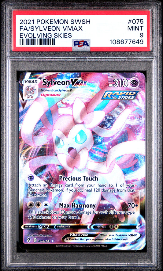 FA/SYLVEON VMAX 75/203 Common POKEMON SWORD & SHIELD EVOLVING SKIES EVOLVING SKIES PSA9 MINT 9 PSA population 469 <a href=https://www.psacard.com/cert/108677649/psa>https://www.psacard.com/cert/108677649/psa</a>