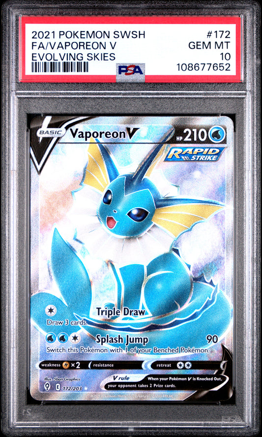 FA/VAPOREON V 172/203 Common POKEMON SWORD & SHIELD EVOLVING SKIES EVOLVING SKIES PSA10 GEM MT 10 PSA population 756 <a href=https://www.psacard.com/cert/108677652/psa>https://www.psacard.com/cert/108677652/psa</a>