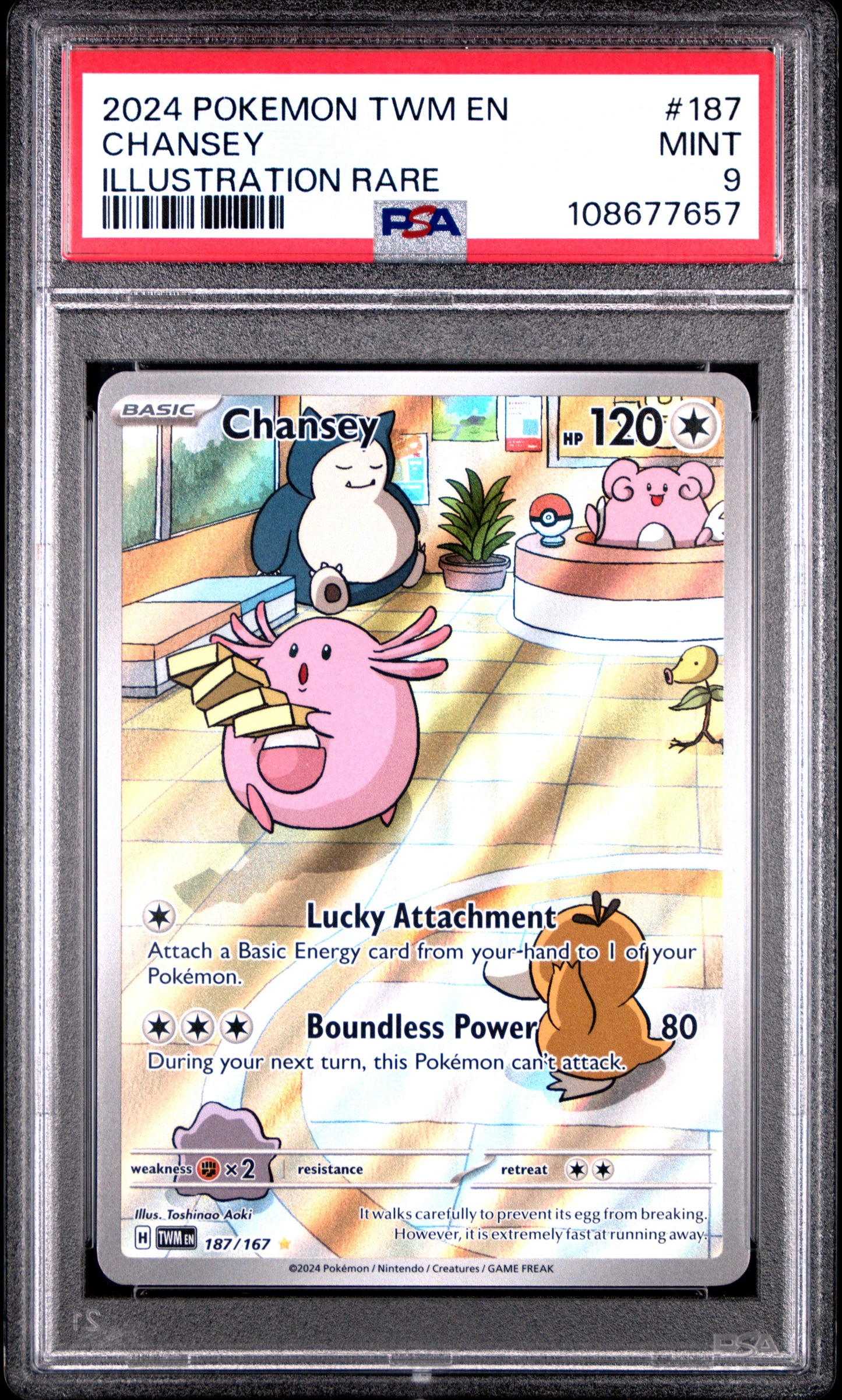 CHANSEY 187/167 Common POKEMON TWM EN-TWILIGHT MASQUERADE ILLUSTRATION RARE PSA9 MINT 9 PSA population 4066 <a href=https://www.psacard.com/cert/108677657/psa>https://www.psacard.com/cert/108677657/psa</a>