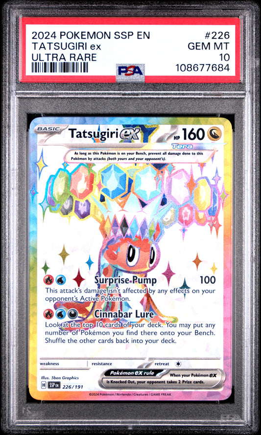 TATSUGIRI EX 226/191 Common POKEMON SSP EN-SURGING SPARKS ULTRA RARE PSA10 GEM MT 10 PSA population 305 <a href=https://www.psacard.com/cert/108677684/psa>https://www.psacard.com/cert/108677684/psa</a>
