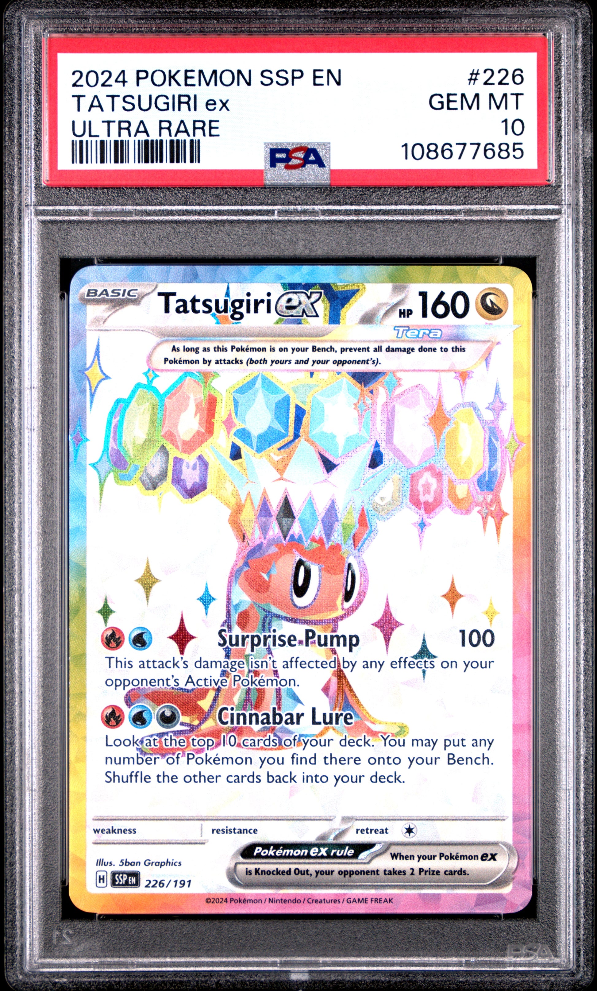 TATSUGIRI EX 226/191 Common POKEMON SSP EN-SURGING SPARKS ULTRA RARE PSA10 GEM MT 10 PSA population 305 <a href=https://www.psacard.com/cert/108677685/psa>https://www.psacard.com/cert/108677685/psa</a>
