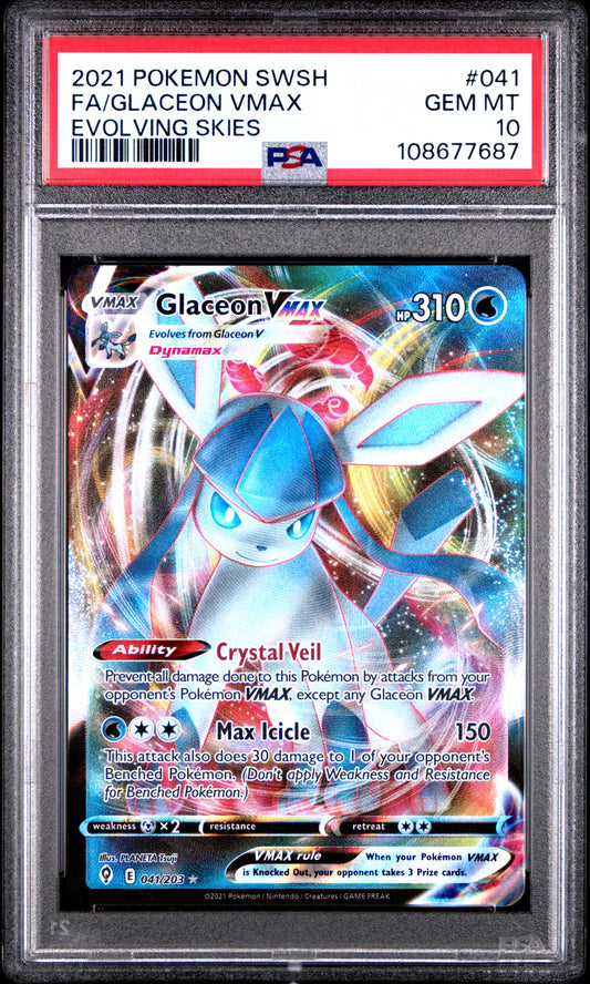 FA/GLACEON VMAX 41/203 Common POKEMON SWORD & SHIELD EVOLVING SKIES EVOLVING SKIES PSA10 GEM MT 10 PSA population 1081 <a href=https://www.psacard.com/cert/108677687/psa>https://www.psacard.com/cert/108677687/psa</a>