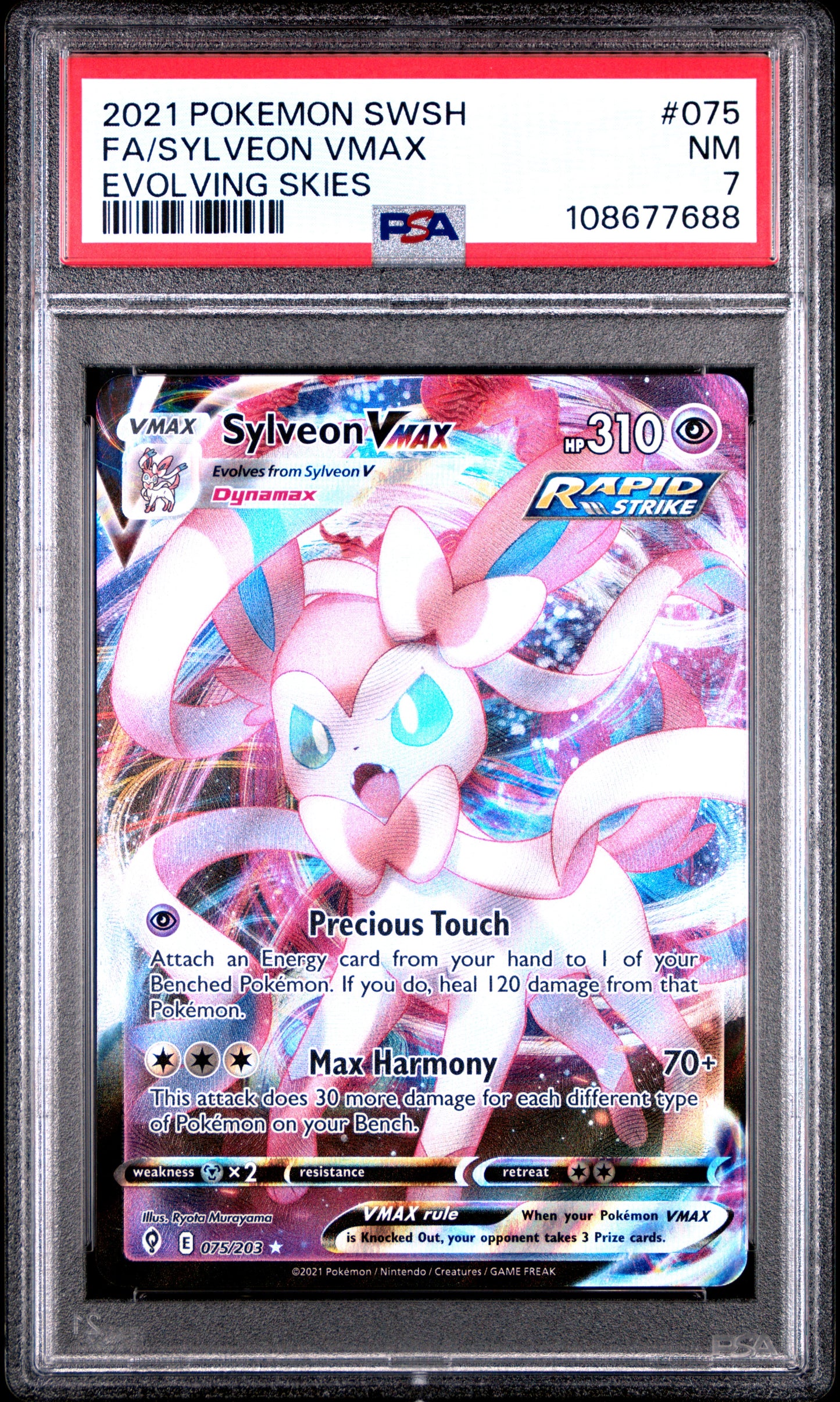 FA/SYLVEON VMAX 75/203 Common POKEMON SWORD & SHIELD EVOLVING SKIES EVOLVING SKIES PSA7 NM 7 PSA population 23 <a href=https://www.psacard.com/cert/108677688/psa>https://www.psacard.com/cert/108677688/psa</a>