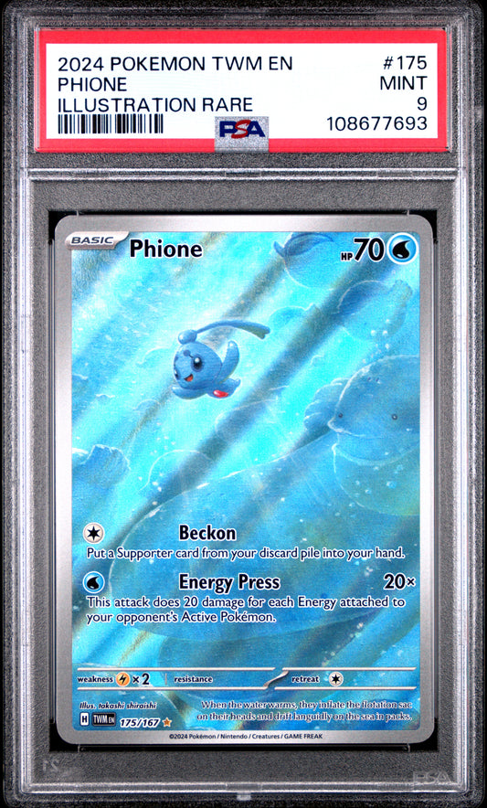 PHIONE 175/167 Common POKEMON TWM EN-TWILIGHT MASQUERADE ILLUSTRATION RARE PSA9 MINT 9 PSA population 455 <a href=https://www.psacard.com/cert/108677693/psa>https://www.psacard.com/cert/108677693/psa</a>