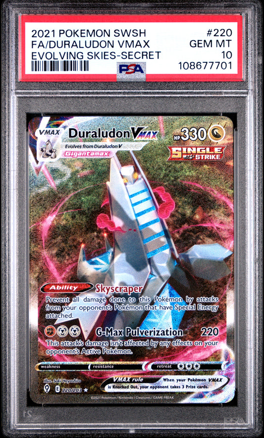 FA/DURALUDON VMAX 220/203 Common POKEMON SWORD & SHIELD EVOLVING SKIES EVOLVING SKIES-SECRET PSA10 GEM MT 10 PSA population 1393 <a href=https://www.psacard.com/cert/108677701/psa>https://www.psacard.com/cert/108677701/psa</a>