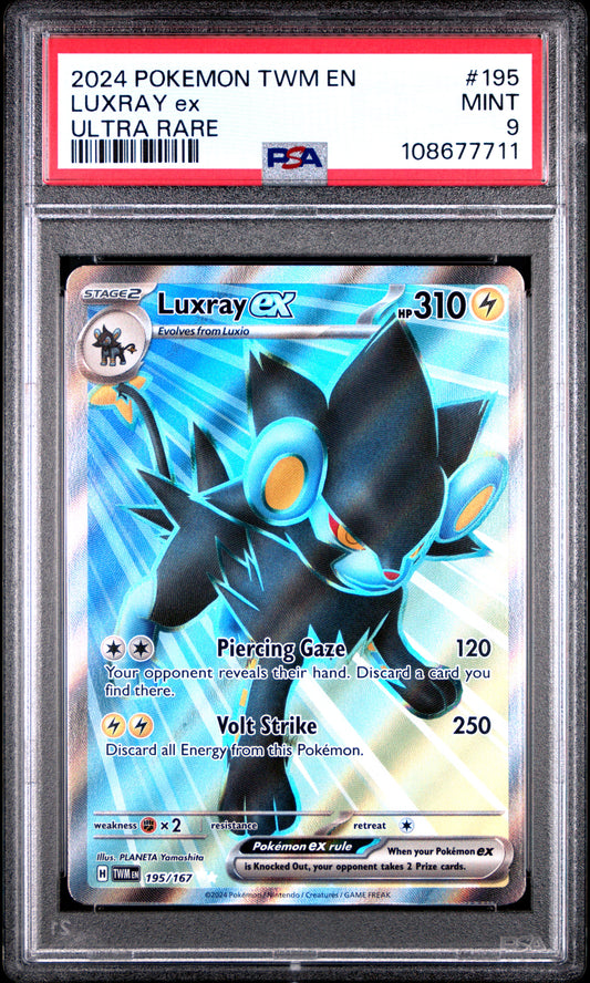LUXRAY EX 195/167 Common POKEMON TWM EN-TWILIGHT MASQUERADE ULTRA RARE PSA9 MINT 9 PSA population 144 <a href=https://www.psacard.com/cert/108677711/psa>https://www.psacard.com/cert/108677711/psa</a>