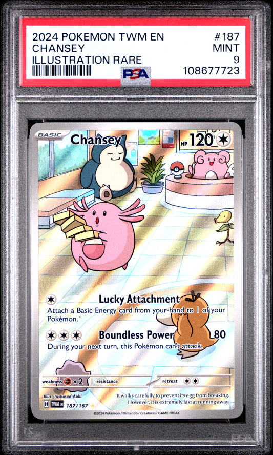 CHANSEY 187/167 Common POKEMON TWM EN-TWILIGHT MASQUERADE ILLUSTRATION RARE PSA9 MINT 9 PSA population 4049 <a href=https://www.psacard.com/cert/108677723/psa>https://www.psacard.com/cert/108677723/psa</a>