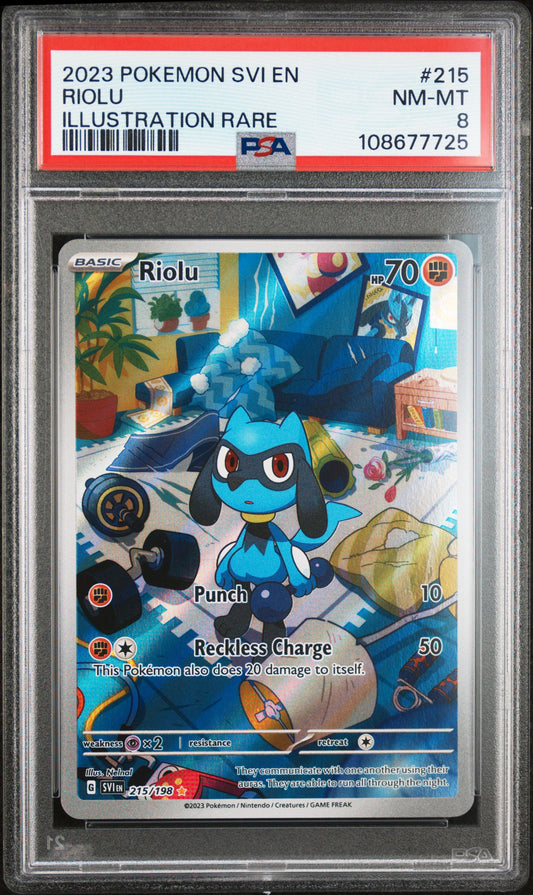 RIOLU 215/198 Common POKEMON SVI EN-SCARLET & VIOLET ILLUSTRATION RARE PSA8 NM-MT 8 PSA population 994 <a href=https://www.psacard.com/cert/108677725/psa>https://www.psacard.com/cert/108677725/psa</a>