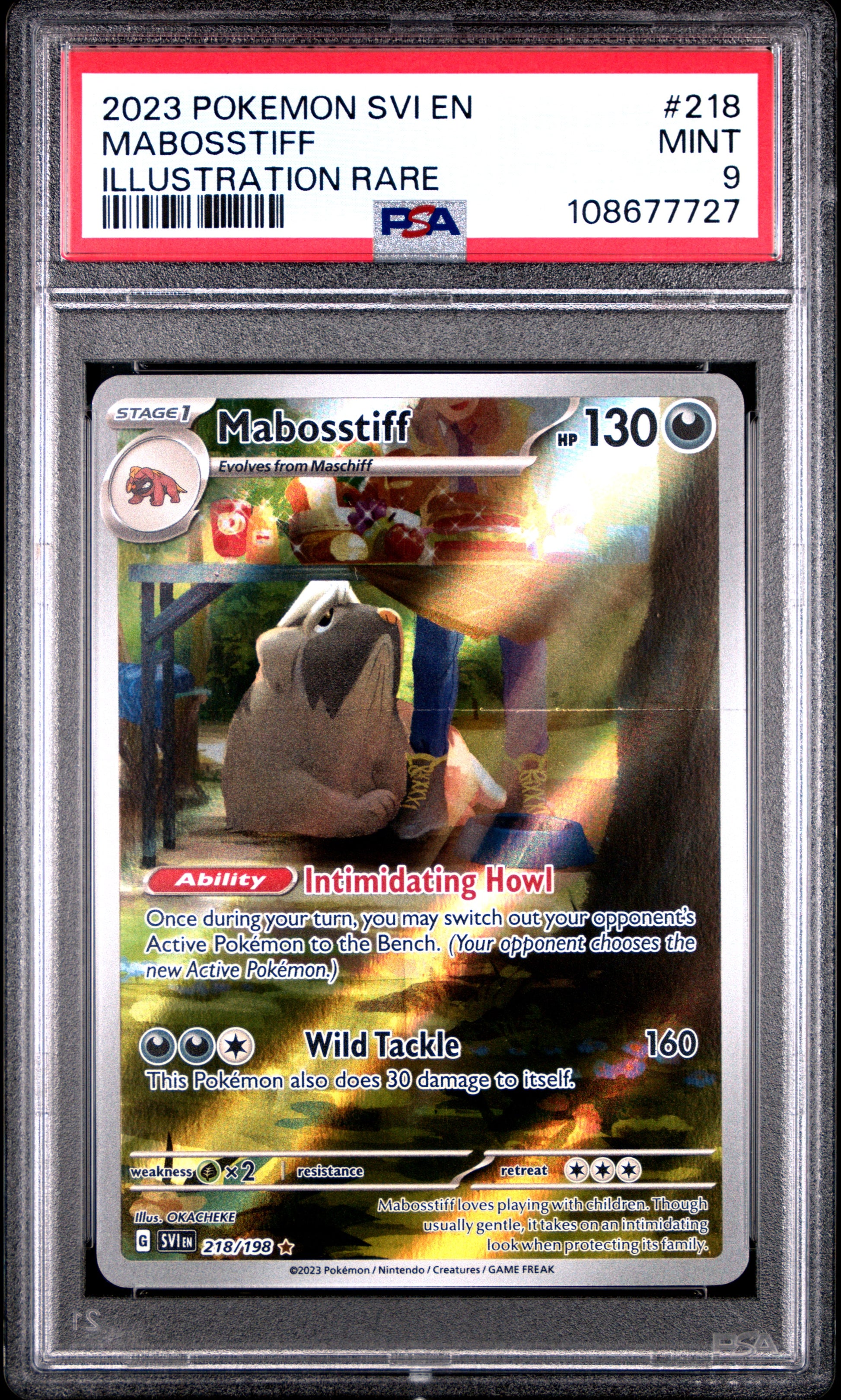 MABOSSTIFF 218/198 Common POKEMON SVI EN-SCARLET & VIOLET ILLUSTRATION RARE PSA9 MINT 9 PSA population 328 <a href=https://www.psacard.com/cert/108677727/psa>https://www.psacard.com/cert/108677727/psa</a>