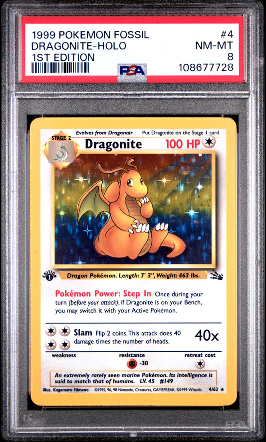 DRAGONITE-HOLO 4/62 [1st Edition]  POKEMON FOSSIL 1ST EDITION PSA8 NM-MT 8 PSA population 1992 <a href=https://www.psacard.com/cert/108677728/psa>https://www.psacard.com/cert/108677728/psa</a>