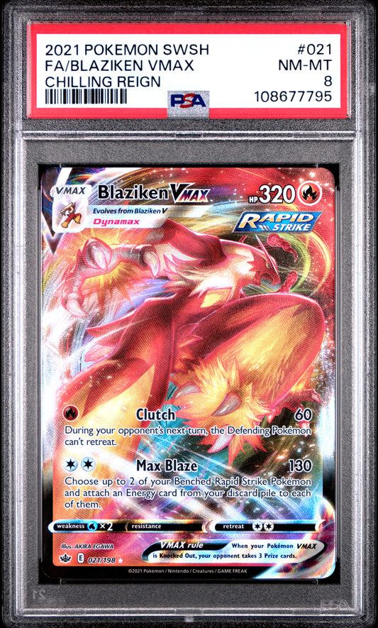 FA/BLAZIKEN VMAX 21/198 Common POKEMON SWORD & SHIELD CHILLING REIGN CHILLING REIGN PSA8 NM-MT 8 PSA population 38 <a href=https://www.psacard.com/cert/108677795/psa>https://www.psacard.com/cert/108677795/psa</a>