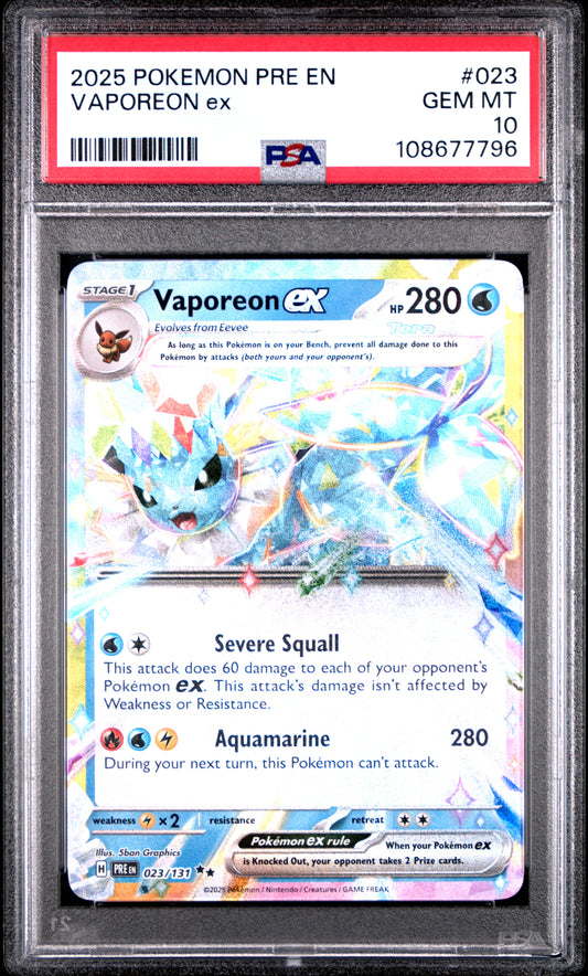 VAPOREON EX 108/131 Common POKEMON PRE EN-PRISMATIC EVOLUTIONS PSA10 GEM MT 10 PSA population 528 <a href=https://www.psacard.com/cert/108677796/psa>https://www.psacard.com/cert/108677796/psa</a>