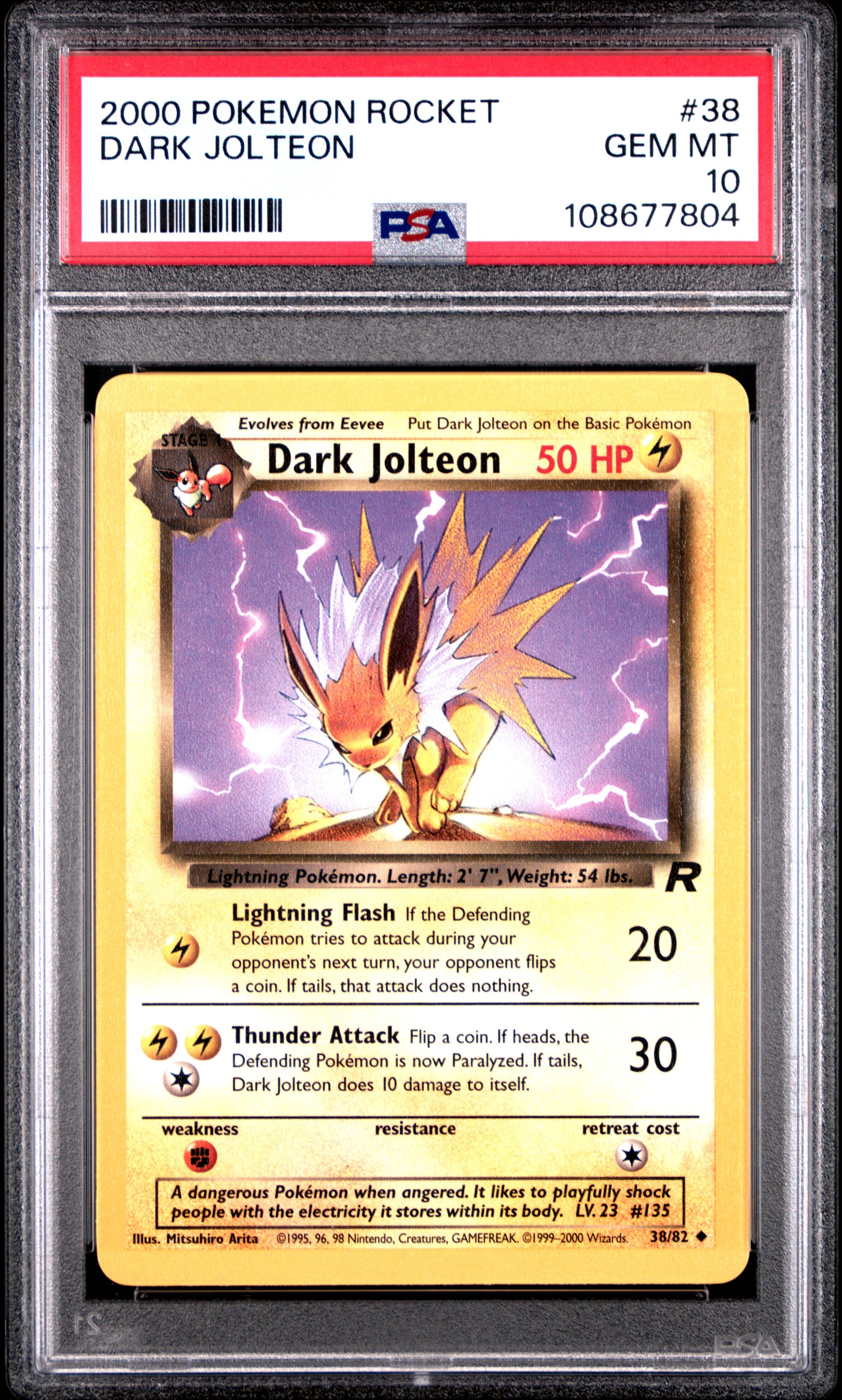 DARK JOLTEON 38/82 Common POKEMON ROCKET PSA10 GEM MT 10 PSA population 56 <a href=https://www.psacard.com/cert/108677804/psa>https://www.psacard.com/cert/108677804/psa</a>
