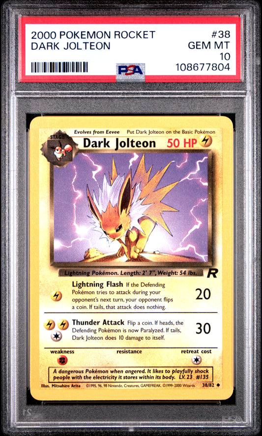 DARK JOLTEON 38/82 Common POKEMON ROCKET PSA10 GEM MT 10 PSA population 56 <a href=https://www.psacard.com/cert/108677804/psa>https://www.psacard.com/cert/108677804/psa</a>