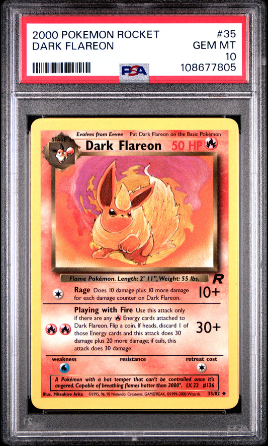 DARK FLAREON 35/82 Common POKEMON ROCKET PSA10 GEM MT 10 PSA population 44 <a href=https://www.psacard.com/cert/108677805/psa>https://www.psacard.com/cert/108677805/psa</a>