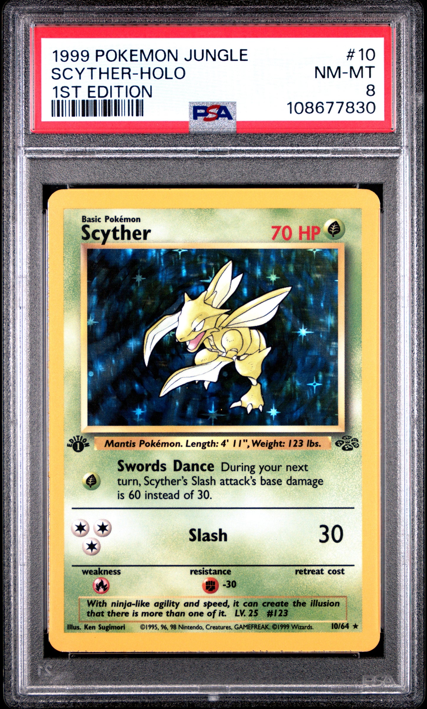 SCYTHER-HOLO 10/64 [1st Edition] POKEMON JUNGLE 1ST EDITION PSA8 NM-MT 8 PSA population 946 <a href=https://www.psacard.com/cert/108677830/psa>https://www.psacard.com/cert/108677830/psa</a>