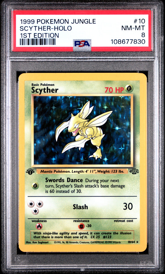 SCYTHER-HOLO 10/64 [1st Edition] POKEMON JUNGLE 1ST EDITION PSA8 NM-MT 8 PSA population 946 <a href=https://www.psacard.com/cert/108677830/psa>https://www.psacard.com/cert/108677830/psa</a>