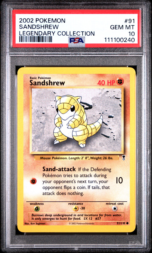 SANDSHREW 91/110 Common POKEMON LEGENDARY COLLECTION LEGENDARY COLLECTION PSA10 GEM MT 10 PSA population 29 <a href=https://www.psacard.com/cert/111100240/psa>https://www.psacard.com/cert/111100240/psa</a>