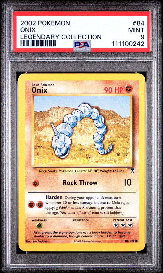 ONIX 84/110 Common POKEMON LEGENDARY COLLECTION LEGENDARY COLLECTION PSA9 MINT 9 PSA population 34 <a href=https://www.psacard.com/cert/111100242/psa>https://www.psacard.com/cert/111100242/psa</a>