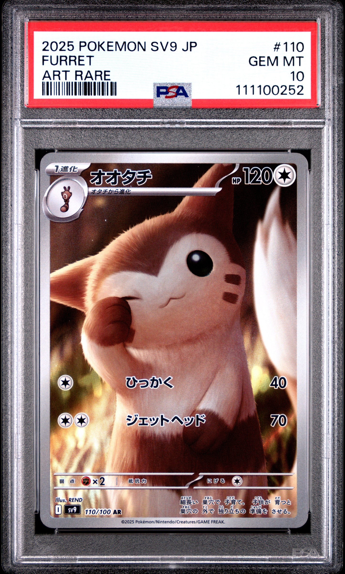 FURRET 110/100 Common POKEMON JAPANESE SV9-BATTLE PARTNERS ART RARE PSA10 GEM MT 10 PSA population 2197 <a href=https://www.psacard.com/cert/111100252/psa>https://www.psacard.com/cert/111100252/psa</a>