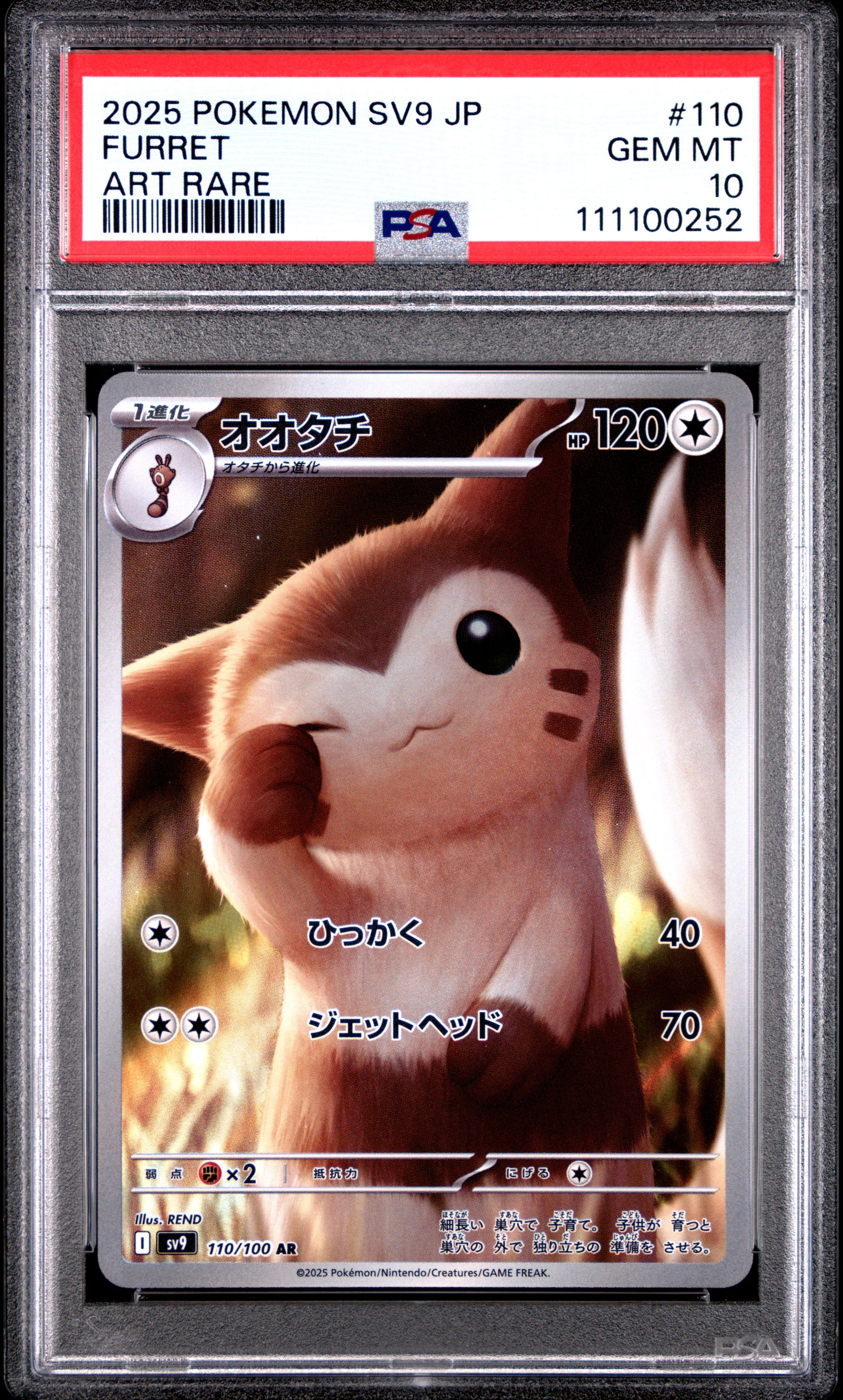 FURRET 110/100 Common POKEMON JAPANESE SV9-BATTLE PARTNERS ART RARE PSA10 GEM MT 10 PSA population 2197 <a href=https://www.psacard.com/cert/111100252/psa>https://www.psacard.com/cert/111100252/psa</a>