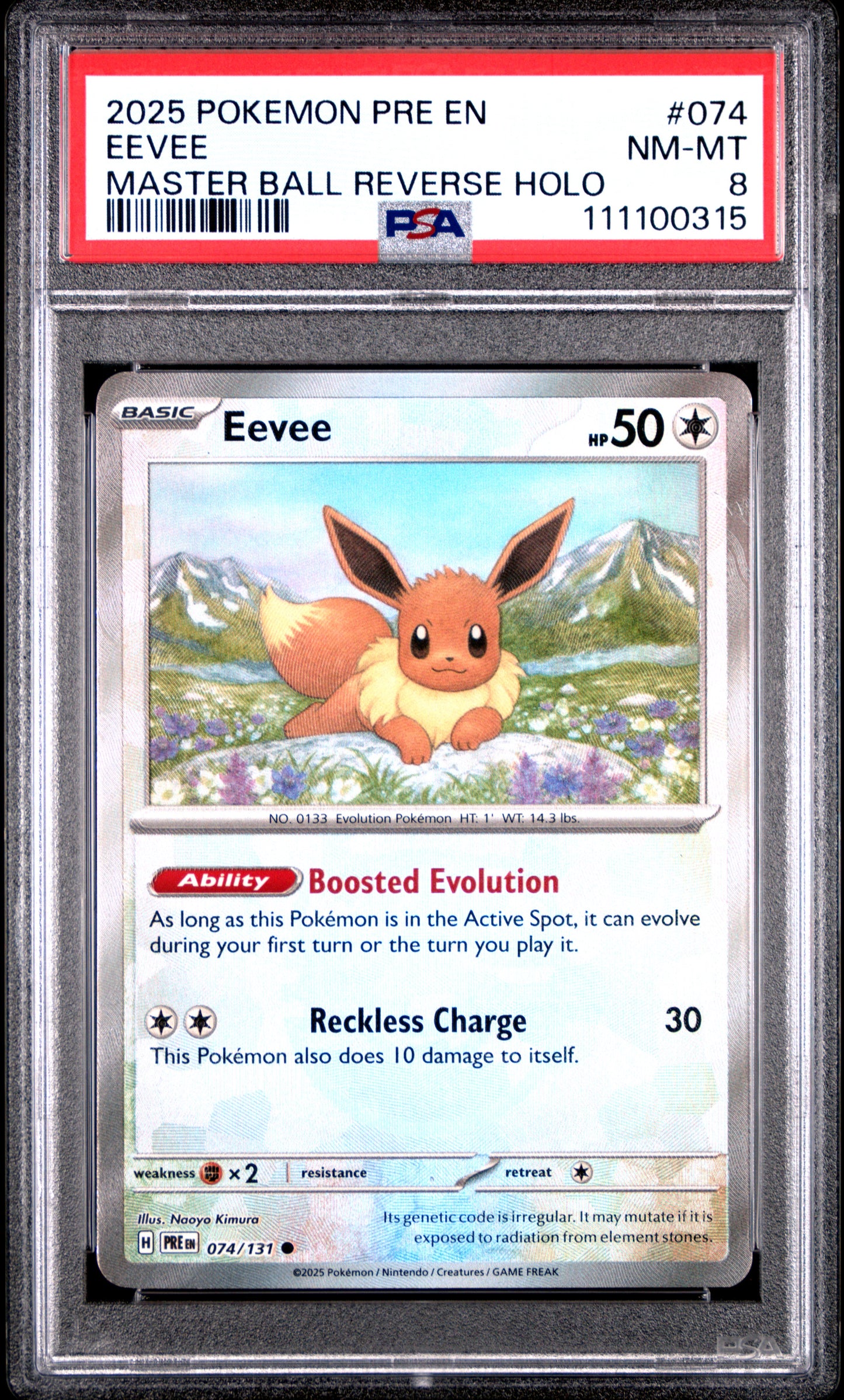 EEVEE 74/131 [Master Ball]  POKEMON PRE EN-PRISMATIC EVOLUTIONS MASTER BALL REVERSE HOLO PSA8 NM-MT 8 PSA population 462 <a href=https://www.psacard.com/cert/111100315/psa>https://www.psacard.com/cert/111100315/psa</a>
