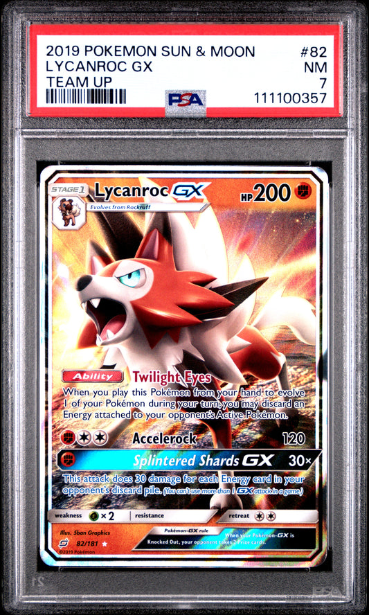 LYCANROC GX 82/181 Common POKEMON SUN & MOON TEAM UP TEAM UP PSA7 NM 7 PSA population 2 <a href=https://www.psacard.com/cert/111100357/psa>https://www.psacard.com/cert/111100357/psa</a>
