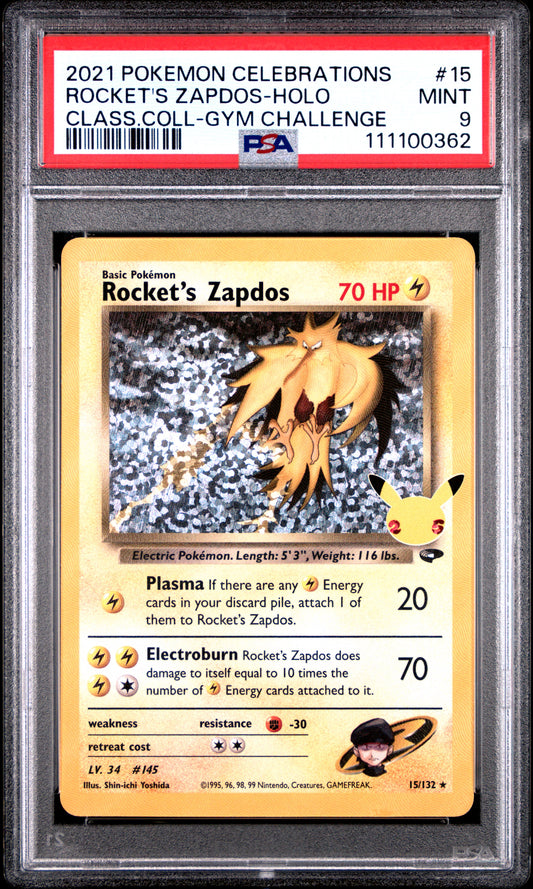 ROCKET'S ZAPDOS-HOLO 15/132 Common POKEMON CELEBRATIONS CLASSIC COLLECTION CLASS.COLL-GYM CHALLENGE PSA9 MINT 9 PSA population 1075 <a href=https://www.psacard.com/cert/111100362/psa>https://www.psacard.com/cert/111100362/psa</a>