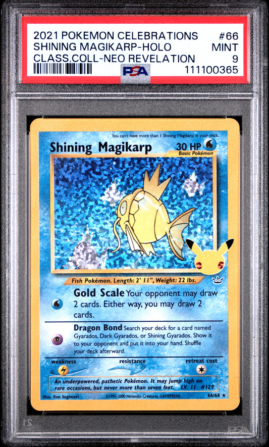 SHINING MAGIKARP-HOLO 66/64 Common POKEMON CELEBRATIONS CLASSIC COLLECTION CLASS.COLL-NEO REVELATION PSA9 MINT 9 PSA population 2520 <a href=https://www.psacard.com/cert/111100365/psa>https://www.psacard.com/cert/111100365/psa</a>